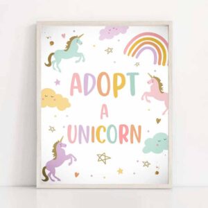 2 adopt a unicorn birthday sign unicorn adoption sign birthday decor magical party pastel rainbow sweet girl decor download printable 0426 1
