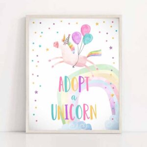 2 adopt a unicorn birthday sign unicorn adoption sign birthday decor magical party pink gold rainbow sweet girl decor download printable 0336 1