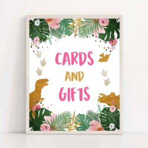 2 cards and gifts sign table decor dinosaur sign dino gift table prehistoric party girl pink gold gift table jungle leaves sign printable 0146 1