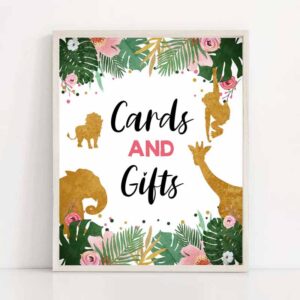 2 cards and gifts sign table decor wild one birthday sign gift table black gold pink girl party animals wild zoo party jungle printable 0016 1