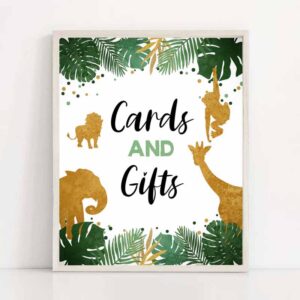 2 cards and gifts sign table decor wild one birthday sign gift table black and gold party animals two wild zoo party jungle printable 0016 1