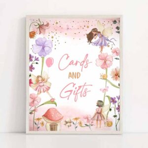 2 cards and gifts sign fairy birthday sign gifts table decor magical fairy garden tea party decor girl table sign decorations printable 0406 1