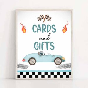 2 cards and gifts sign race car birthday party sign two fast birthday 2 curious race car decor racing blue boy instant download printable 0424 1
