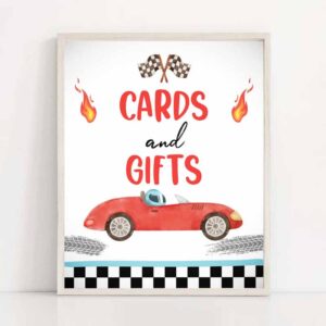 2 cards and gifts sign race car birthday party sign two fast birthday 2 curious race car decor racing red boy instant download printable 0424 1