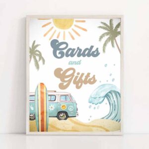 2 cards and gifts sign surf birthday party retro the big one wave beach party decor boho surfboard 1st van gift table download printable 0433 1
