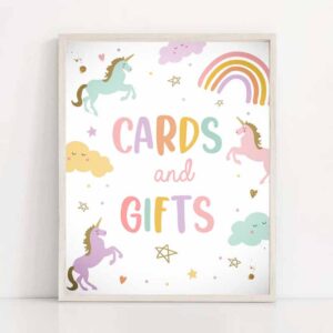 2 cards and gifts sign unicorn birthday party sign unicorn party table sign decor rainbow pastel unicorn girl download digital printable 0426 1