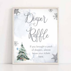 2 diaper raffle winter sign winter tree watercolor snowflake baby shower sign decor diaper table girl cold outside shower download printable 0363 1