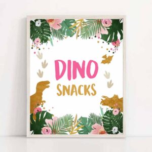 2 dino snacks sign table decor dinosaur sign dino food sweet table prehistoric party girl pink gift table jungle leaves sign printable 0146 1
