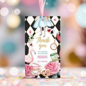2 editable alice in wonderland favor tags alice in onederland thank you tags girl 1st birthday tea party gift tag digital corjl template 0350 1