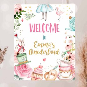 2 editable alice in wonderland welcome sign alice in onederland birthday sign girl pink mad tea party shower template corjl printable 0350 1
