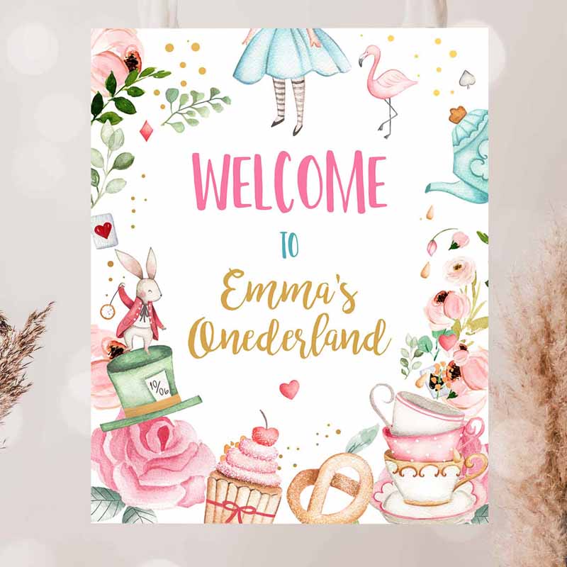 2 Editable Alice in Wonderland Welcome Sign Alice in Onederland Birthday Sign Girl Pink Mad Tea Party Shower Template Corjl PRINTABLE 0350