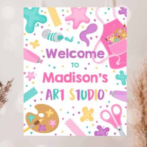 2 editable art birthday party welcome sign painting party birthday rainbow painting party arts crafts party decorations instant download 9o 1