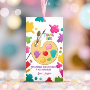 2 editable art favor tag painting party thank you tag gift tag art birthday girl pink craft paint brush corjl template printable 0319 1
