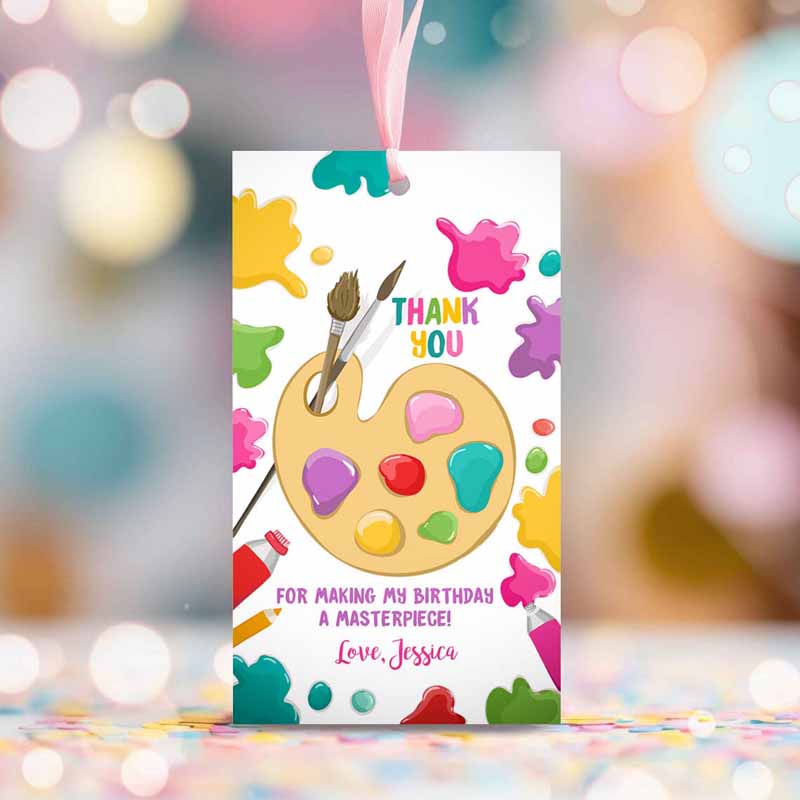2 editable art favor tag painting party thank you tag gift tag art birthday girl pink craft paint brush corjl template printable 0319 1