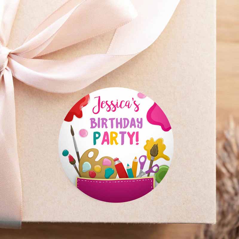2 Editable Art Party Favor Tags Painting Party Thank You Tag Sticker Art Birthday Girl Pink Craft Paint Brush Corjl Template Printable 0319