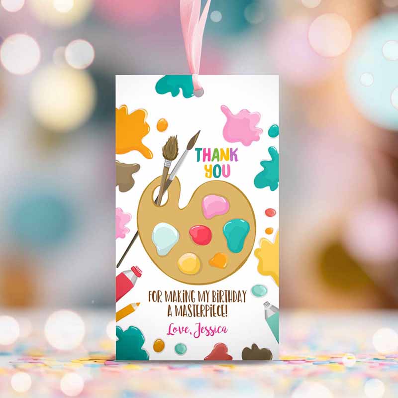2 Editable Art Party Favor Tags Painting Thank You Tag Gift Tag Art Birthday Girl Pink Craft Paint Brush Corjl Template Printable 0319