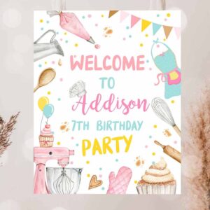 2 editable baking birthday party welcome sign cooking birthday welcome pink girl little chef cupcake decorating template printable corjl 0364 1