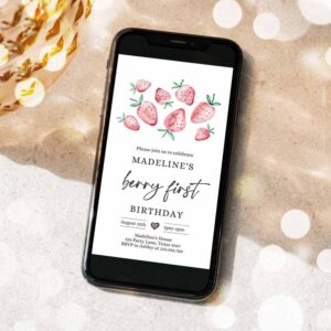 2 editable berry first birthday evite electronic strawberry birthday berry sweet strawberries 1st digital phone template corjl digital 0399 1