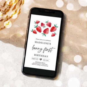 2 editable berry first birthday evite party electronic strawberry birthday berry sweet strawberries 1st digital phone template corjl digital 0399 1