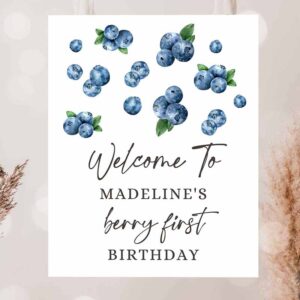 2 editable berry first birthday welcome sign blueberries blueberry party welcome farmers market boy watercolor template printable corjl 0399 1