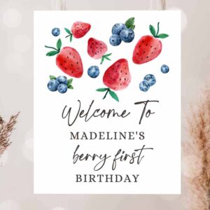 2 editable berry first birthday welcome sign strawberry blueberry party welcome farmers market girl watercolor template printable corjl 0399 1
