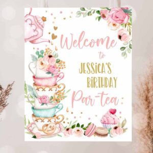 2 editable birthday tea party welcome sign birthday par tea floral pink gold whimsical girl shower garden party template printable corjl 0349 1