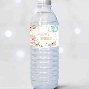 2 editable birthday water bottle labels tea party girl birthday tea for two birthday flowers pink gold printable bottle labels template corjl 0349 1