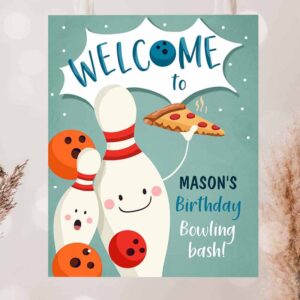 2 editable bowling birthday welcome sign strike up some fun boy bowling party pizza welcome poster blue orange template printable corjl 0324 1