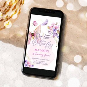 2 editable butterfly birthday evite girl purple butterfly invite 1st birthday party floral pink phone download digital template corjl 0437 1