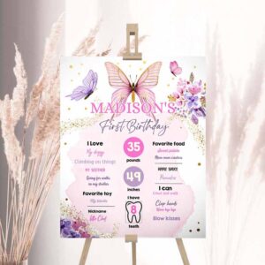 2 editable butterfly birthday milestones sign garden 1st birthday first birthday girl pink purple download corjl template printable 0437 1