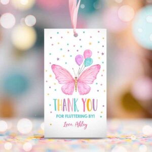 2 editable butterfly favor tag birthday favors thank you fluttering by girl pink balloons confetti gold gift corjl template printable 0162 1