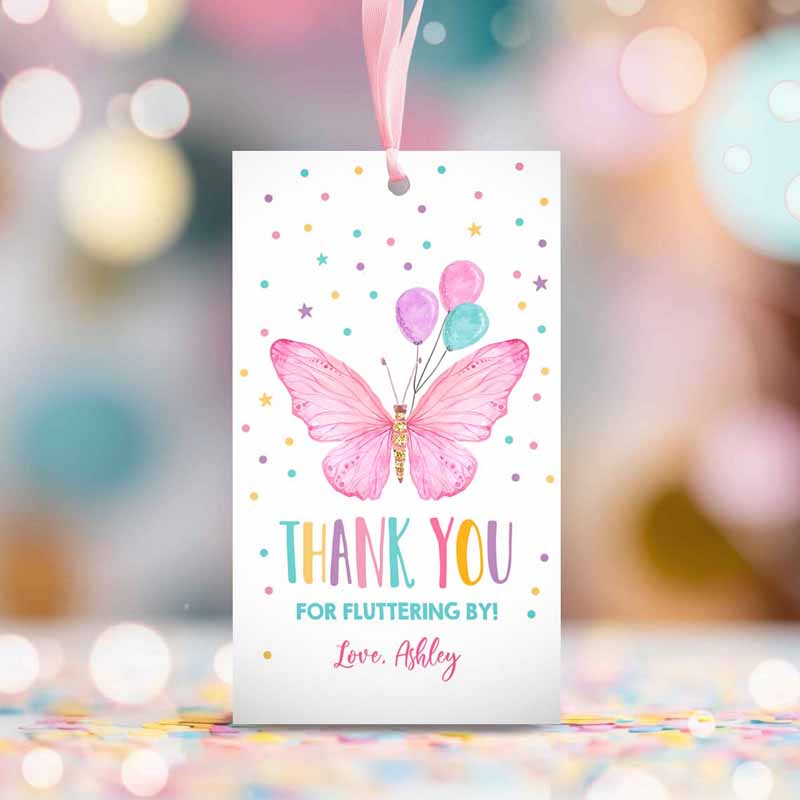 2 editable butterfly favor tag birthday favors thank you fluttering by girl pink balloons confetti gold gift corjl template printable 0162 1
