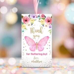 2 editable butterfly favor tag butterfly birthday thank you tags garden shower pink gold girl fluttering by floral template printable 0162 1
