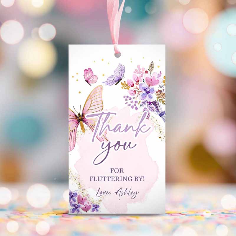 2 editable butterfly favor tags butterfly birthday thank you tags garden shower pink gold girl fluttering by floral template printable 0437 1