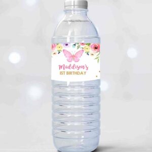 2 editable butterfly water bottle label girl first birthday party garden pink gold spring drinks labels download printable template corjl 0162 1