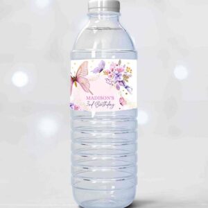2 editable butterfly water bottle labels girl floral butterfly party garden pink gold purple drink label download printable template corjl 0437 1