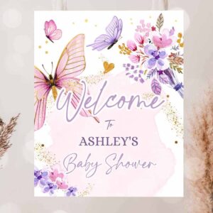 2 editable butterfly welcome sign butterfly baby shower butterfly party garden girl pink gold floral purple template printable corjl 0437 1