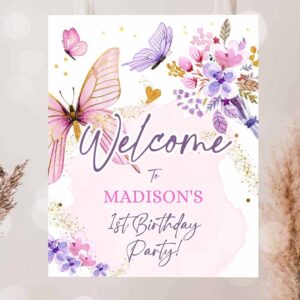 2 editable butterfly welcome sign butterfly birthday party butterfly party garden girl pink gold floral purple template printable corjl 0437 1