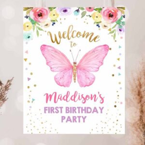 2 editable butterfly welcome sign butterfly birthday party butterfly welcome garden girl pink gold floral template printable corjl 0162 1