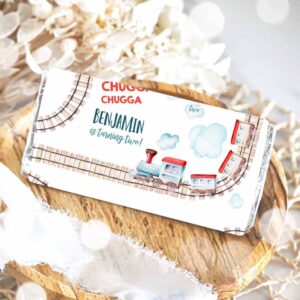2 editable candy bar wrapper vintage train chugga choo second birthday two two red blue boy locomotive digital corjl template printable 0149 1