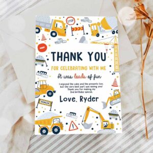 2 editable construction thank you card dump truck digger excavator construction birthday party front back thank you card instant download ac 1