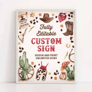 2 editable cowboy birthday party custom sign wild west cowboy 1st rodeo birthday party southwestern ranch birthday party instant download qc 1