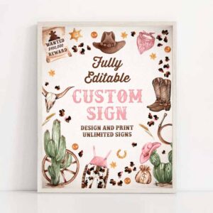 2 editable cowgirl birthday party custom sign editable wild west cowgirl rodeo birthday party southwestern ranch decor instant download qw 1