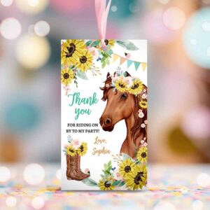 2 editable cowgirl favor tags horse birthday party favor thank you tag girl horse party sunflowers download template printable corjl 0408 1