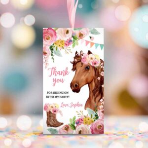 2 editable cowgirl favor tags tags tag horse birthday party favor thank you tags girl horse party floral download template printable corjl 0408 1