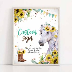 2 editable custom horse birthday party sign saddle up cowgirl party sign sunflowers horse girl table sign 8x10 corjl template printable 0408 1