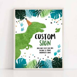 2 editable custom sign dinosaurs dino sign birthday decor animals table sign blue green boy 8x10 t rex party corjl template printable 0389 1