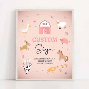 2 editable custom sign farm animals sign pink barnyard birthday decorations girl cow pig table sign decoration 8x10 download printable 0436 1