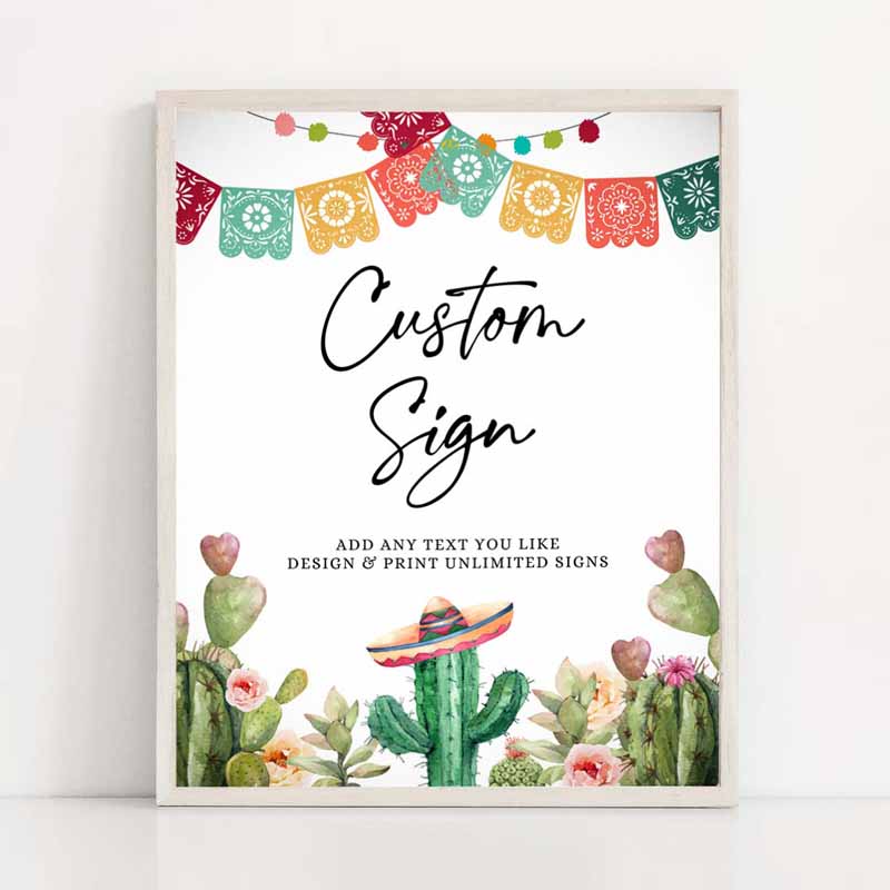 2 editable custom sign fiesta cactus sign fiesta decor succulent table sign shower decor mexican watercolor corjl template printable 8x10 0404 1