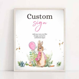 2 editable custom sign flopsy rabbit birthday decor table peter rabbit shower rustic girl pink download corjl template printable 8x10 0351 1